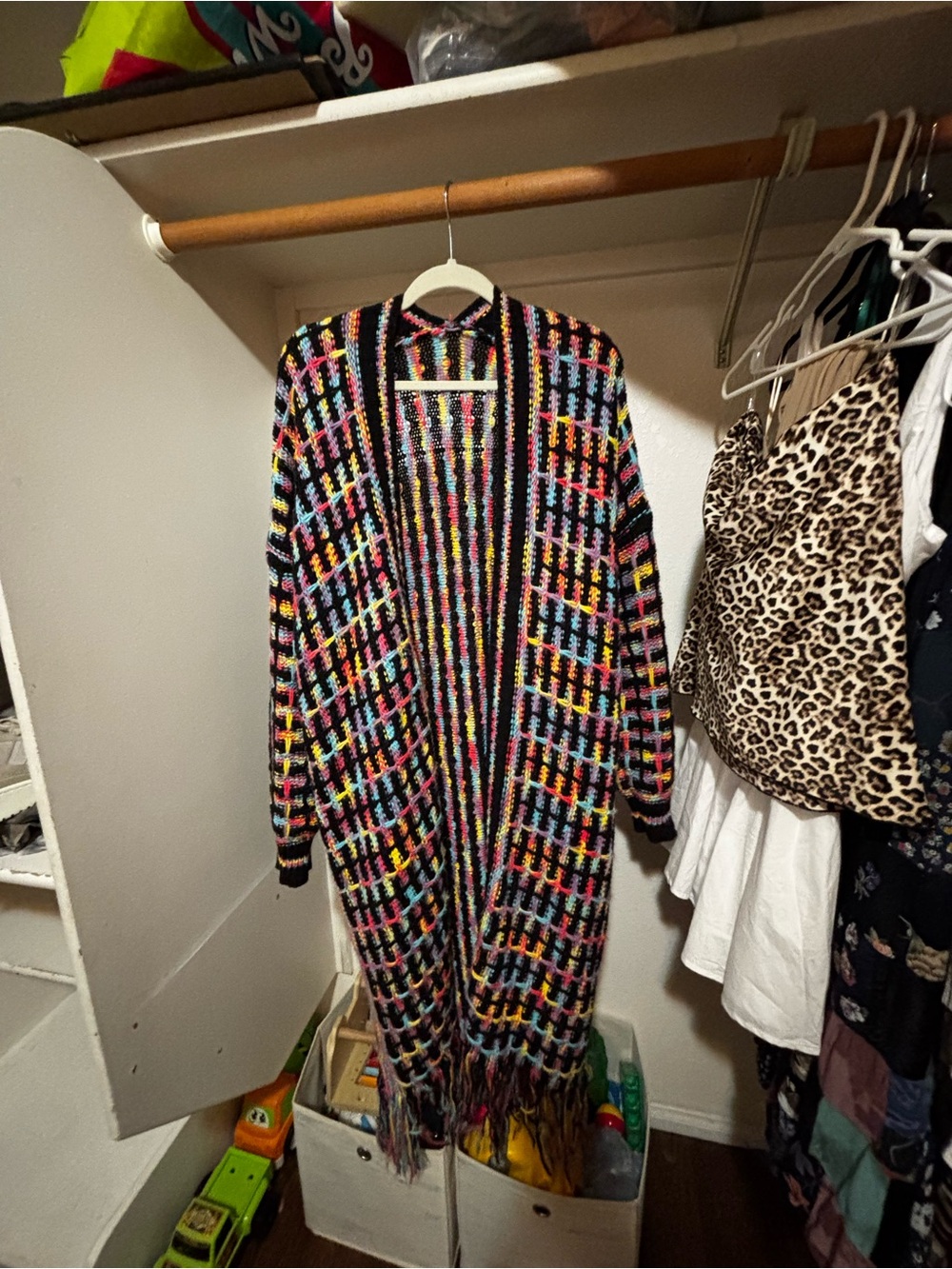 Multicolor Long Open-Front Fringe Cardigan Sweater